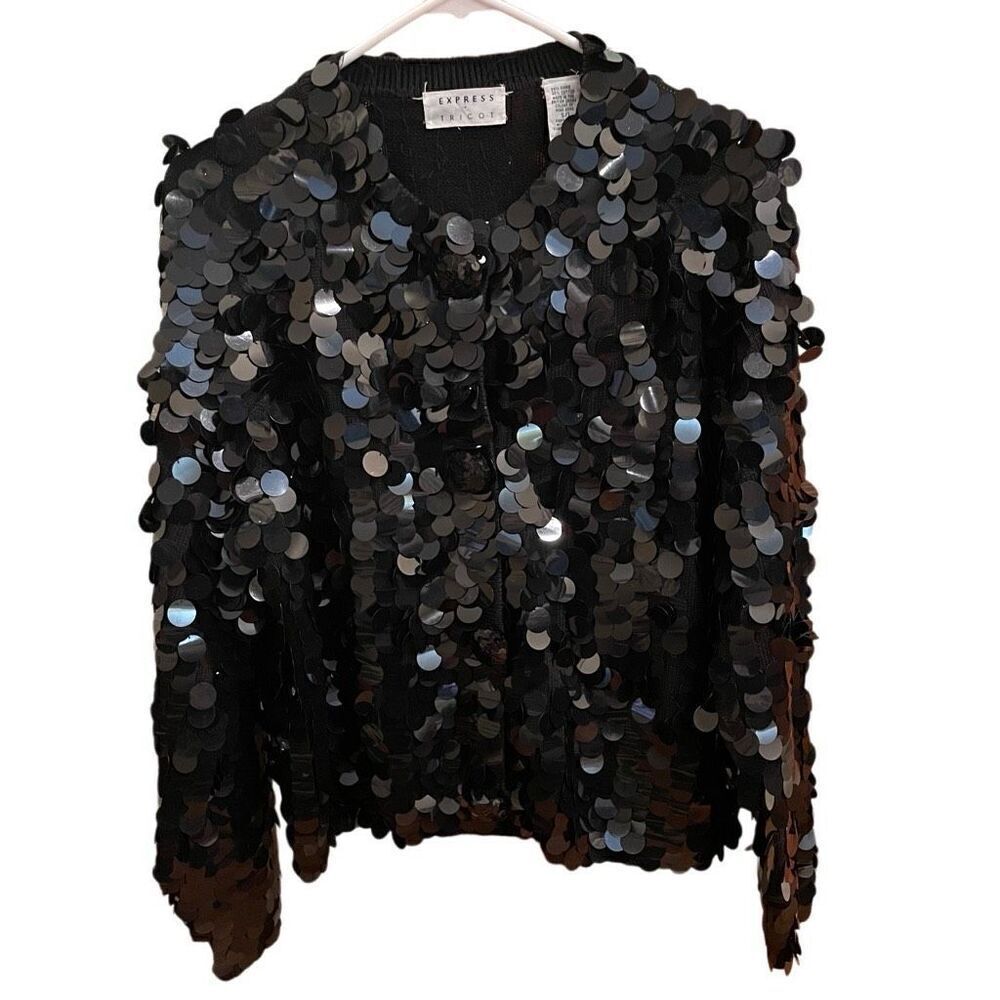 Vtg Express Tricot Womens Black Jumbo Sequin Cardigan S New Years Eve Disco